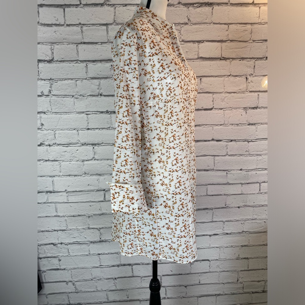 Akris Bohemian Bird Geometric Print Tunic Button Down Shirt Bell Sleeves Size 14 - Picture 7 of 16